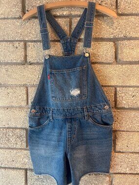 Vintage Levis Denim Short Overalls With Distressed Details Adjustable Straps & F
